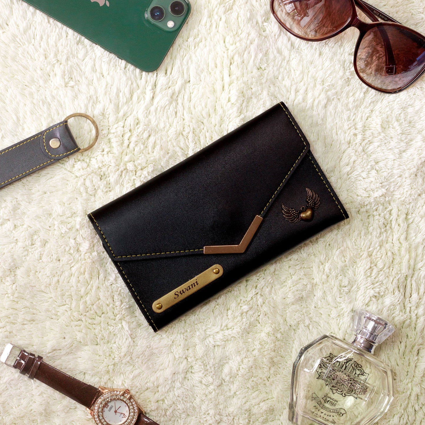 Personalised Leather Female Wallet - Black
