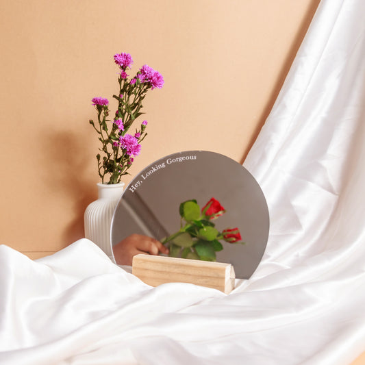Hey, Looking Gorgeous – Engraved Mirror with Wooden Stand